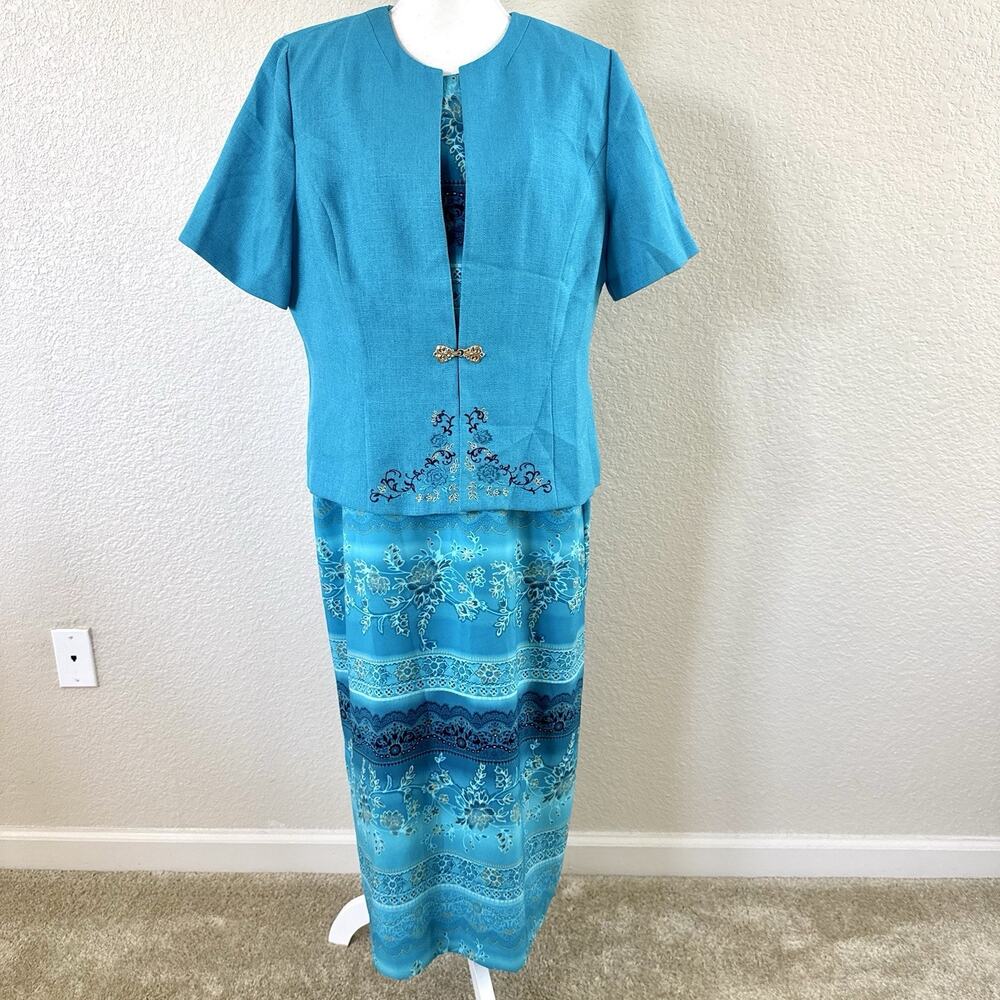 Koret Dress Turquoise Floral Maxi Dress Jacket Set Embroidered 2 Piece Womens 16